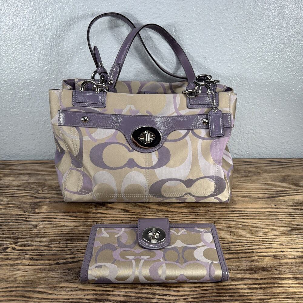 Coach OPTIC Signature C PENELOPE Shoulder Bag Purple & Wallet F17140 EUC